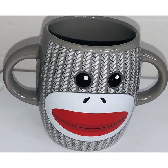 Mug Sock Monkey Galerie Double Handle Gray Ceramic Coffee Tea Cocoa Cup 16Oz EUC - Picture 1 of 6